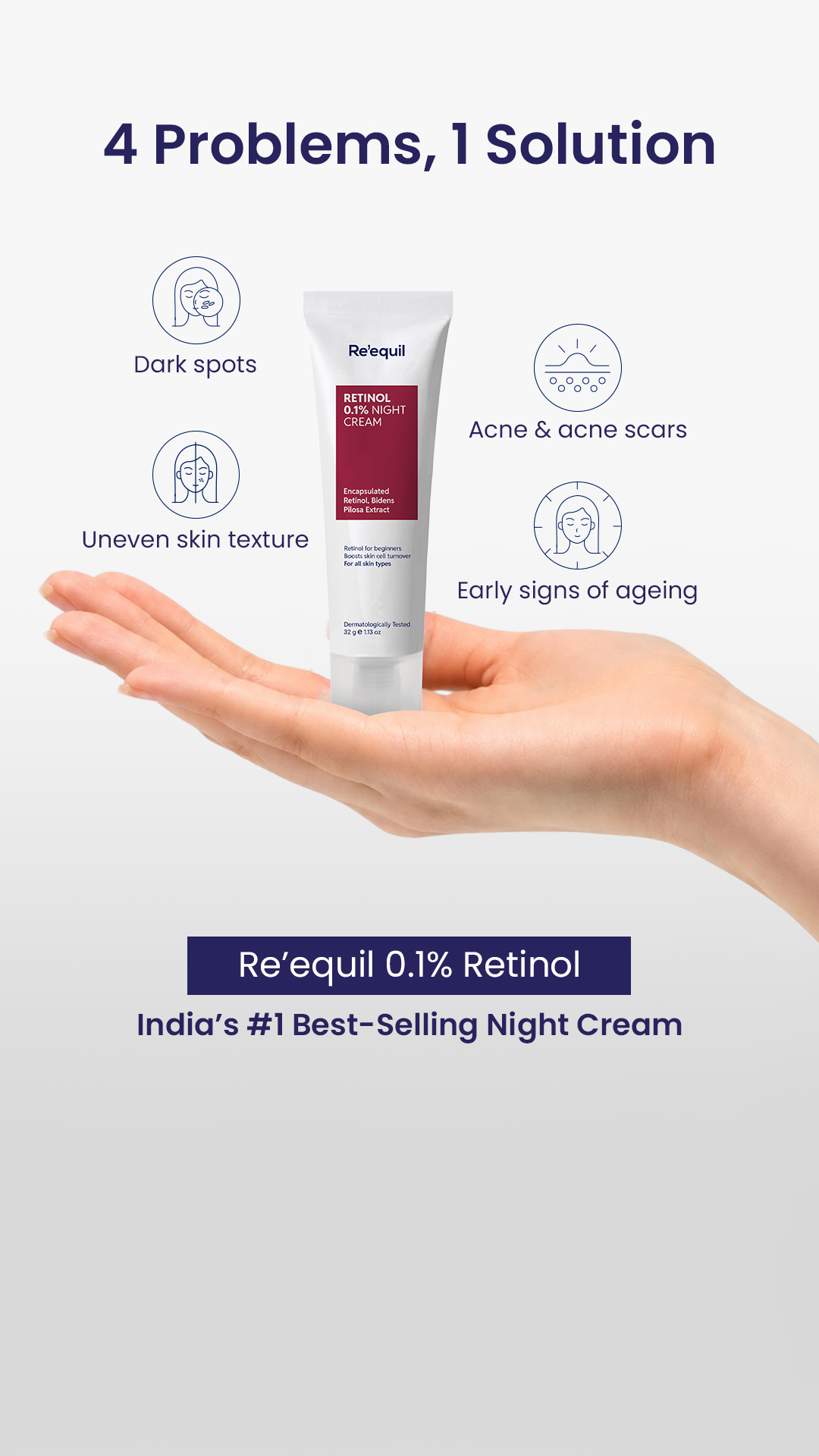4 Problems, 1 Solution
Dark spots
Acne & acne scars
Uneven skin texture
Early signs of ageing
Re’equil 0.1% Retinol Night Cream
India’s #1 Best-Selling Night Creams