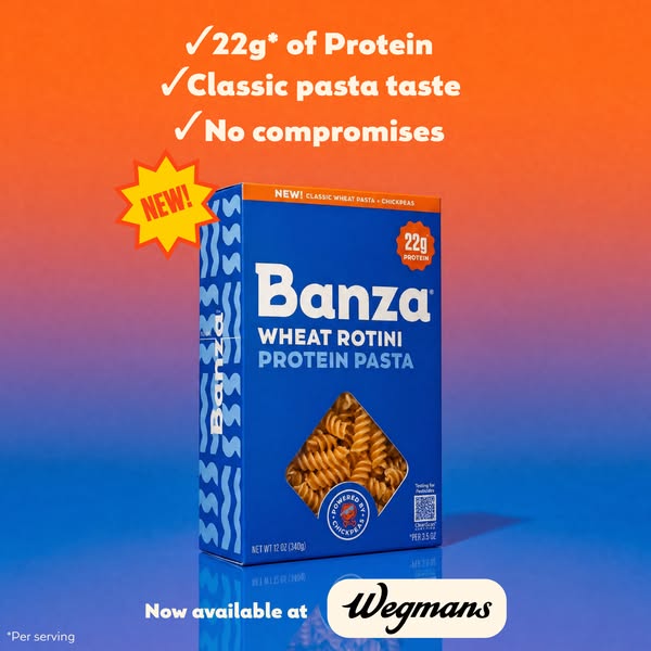 NEW protein pasta made from wheat and chickpeas. 22g of protein. Classic pasta taste. No compromises. Now available at Wegmans.