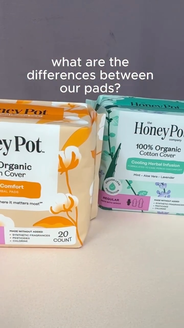 Meet the complete Honey Pot pad family🧑‍🧒‍🧒 Which one’s for you??

🧡 Cotton Comfort: MOTHER. The foundation of all of our pads. 100% organic cotton cover, no herbs or extras.

💙 Cooling: AKA spicy pads. Formulated with m