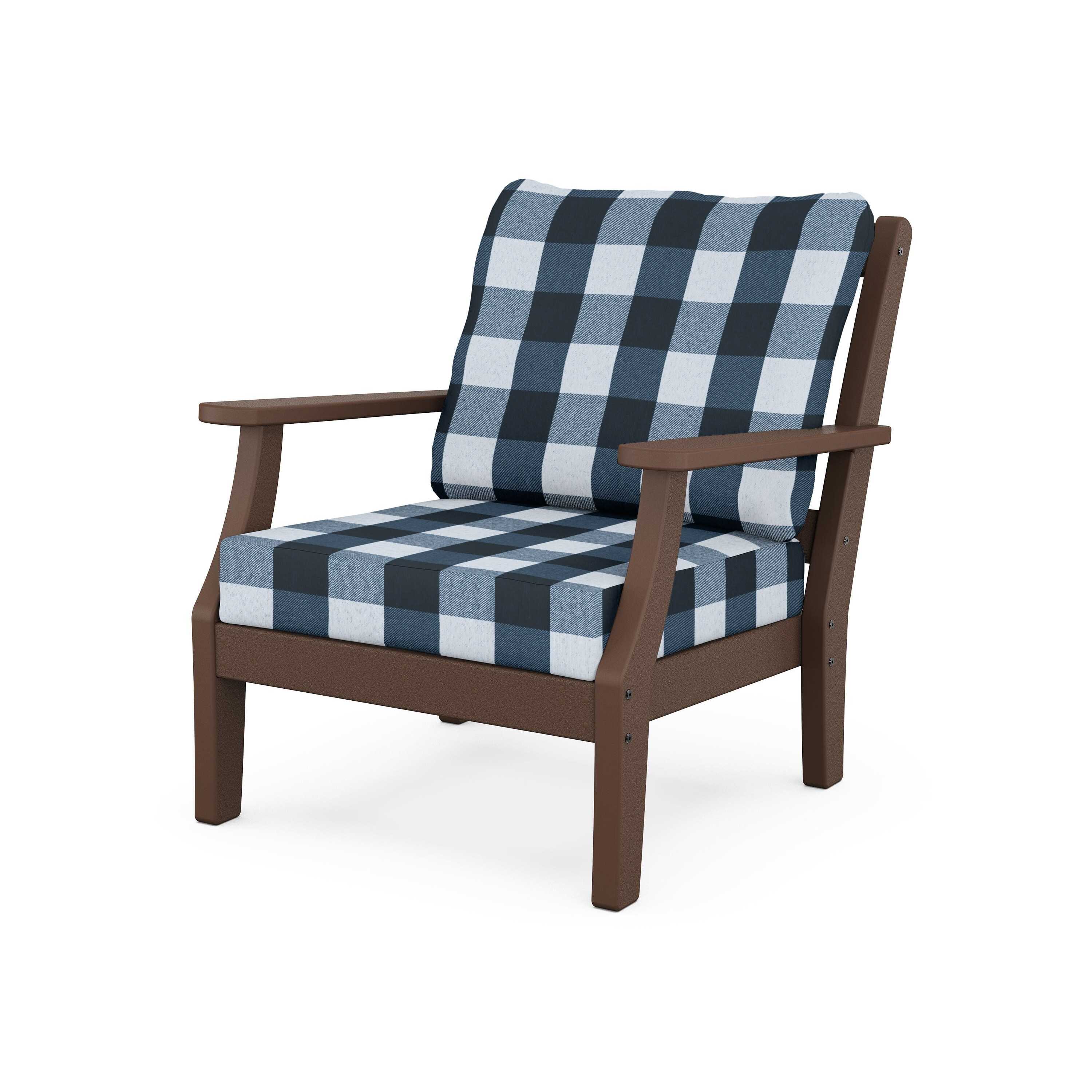 Chinoiserie Deep Seating Chair in Mahogany/Buffalo Plaid Marine Indigo