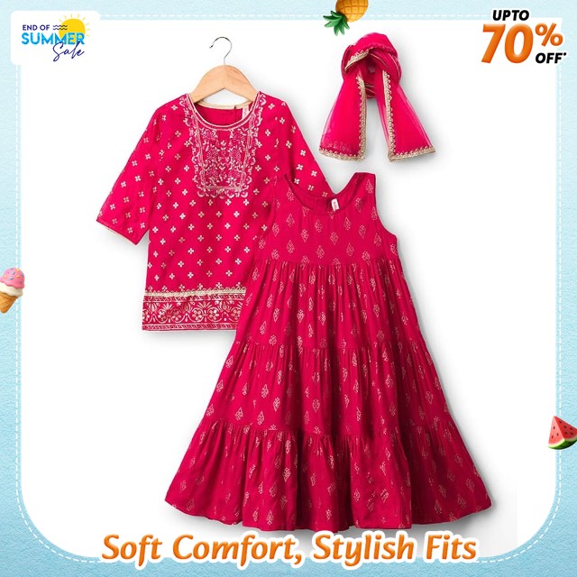 Babyhug Cotton Woven Three Fourth Sleeves Floral Printed Kurti Gharara Set with Dupatta & Lace Deta…