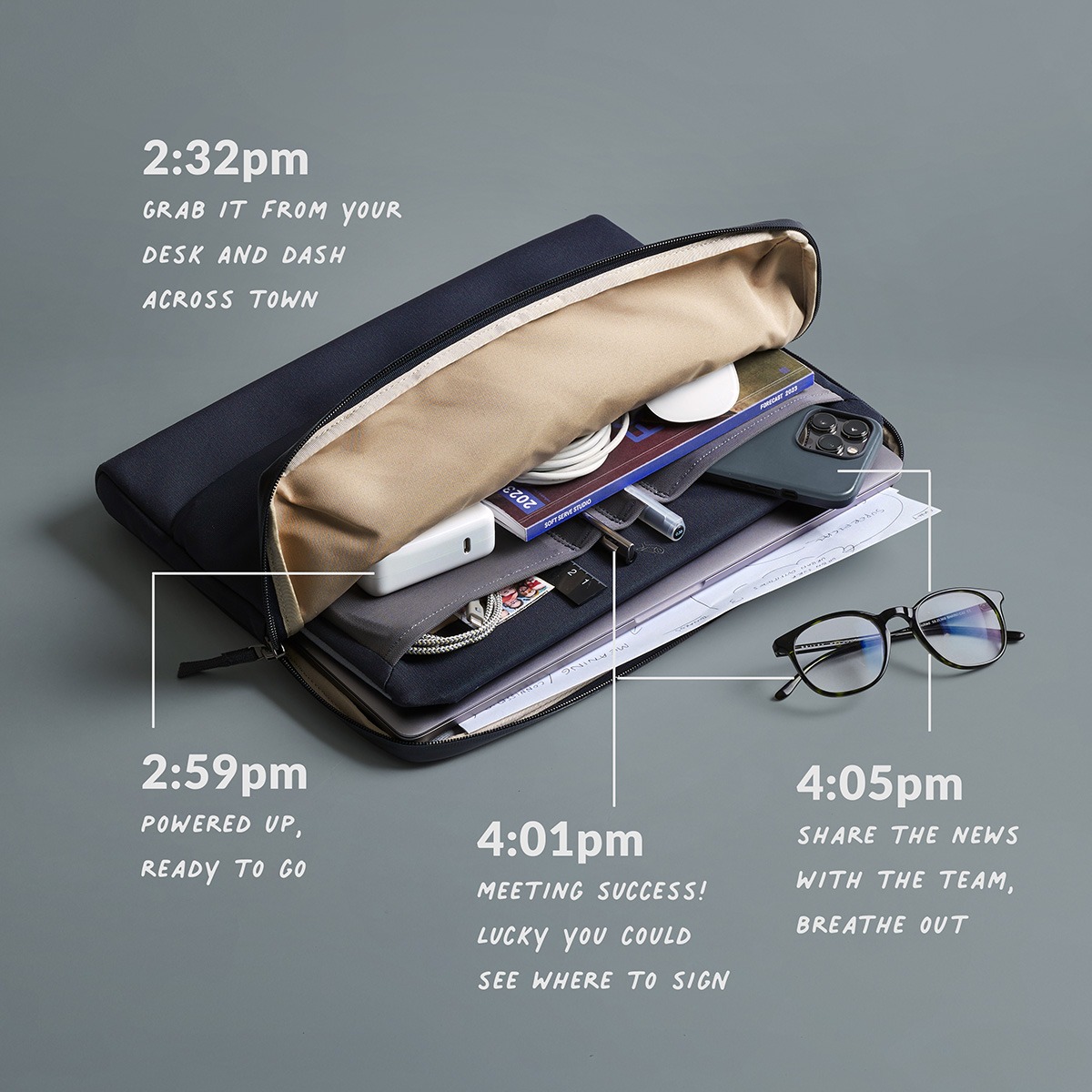 This work-day organizer holds your tech, notes, chargers, pens and glasses. So you don’t miss a beat.