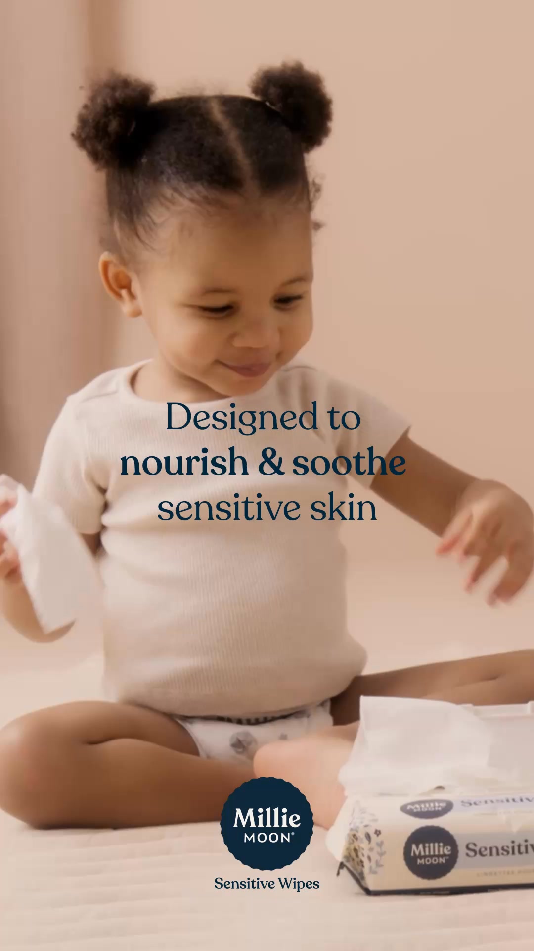Designed to clean, soothe and protect delicate skin. Millie Moon Sensitive Baby Wipes are made with a 99% Natural Formula and extracts of nourishing aloe, avocado and marigold. 

✨ Dermatologist tested, safe on sensitive