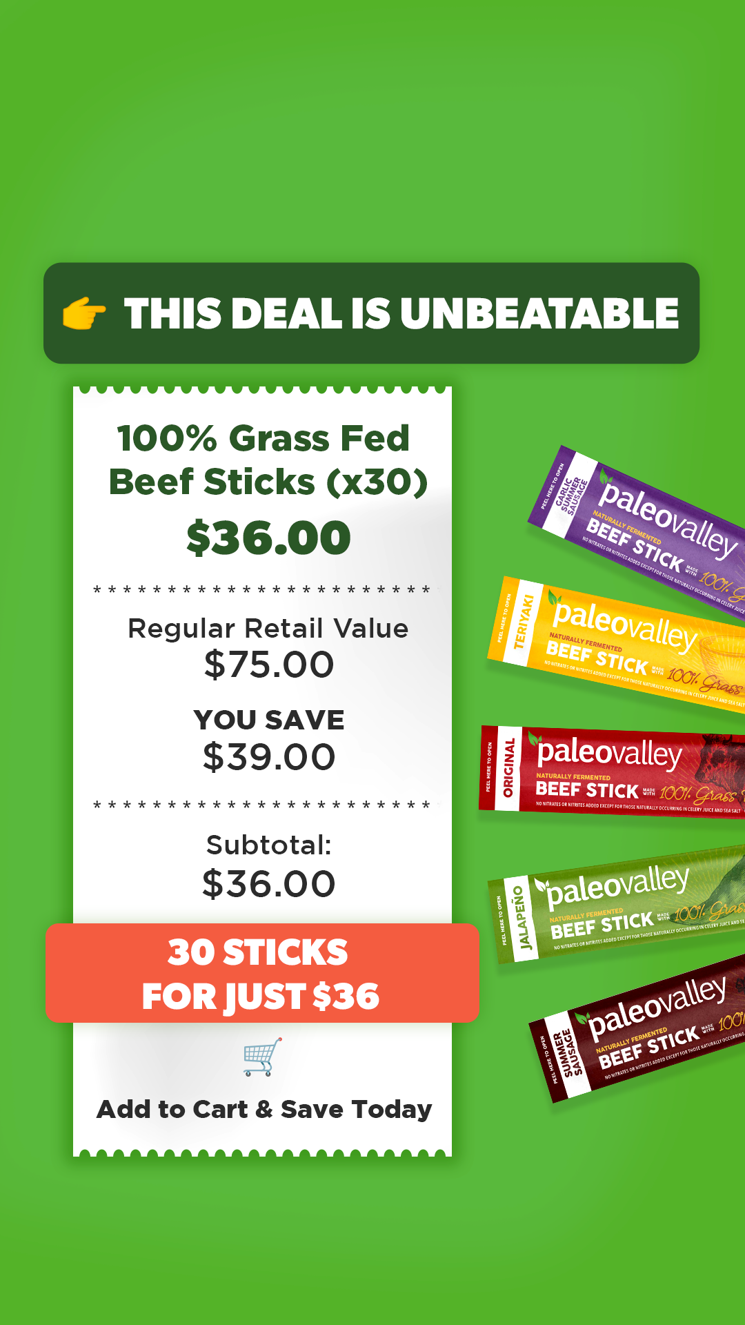 30 Grass Fed Beef Sticks For $36!