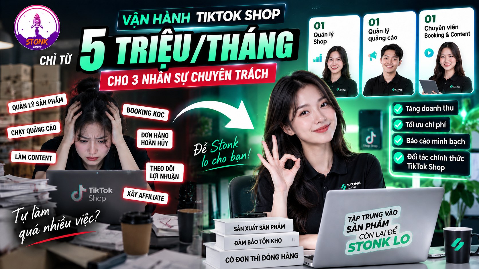 Chỉ từ 5 TRIỆU/THÁNG, có 3 NHÂN SỰ CHUYÊN TRÁCH vận hành TikTok Shop:

✅ 01 Quản lý Shop
✅ 01 Quản lý quảng cáo
✅ 01 Chuyên viên Booking & Content

Trong khi chỉ một nhân sự có kinh nghiệm đã có thể tốn 10–15 triệu/tháng
