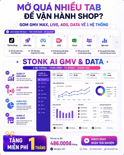 MỖI NGÀY VẬN HÀNH TIKTOK SHOP PHẢI MỞ BAO NHIÊU TAB?

TikTok Shop
GMV Max
Ads
Content
LIVE
Excel
Báo cáo
KOC
Đơn hàng
Hoàn hủy...

Dữ liệu nằm mỗi nơi một ít.

Nhân sự mất thời gian tổng hợp.

Chủ Shop nhận báo cáo nhưng