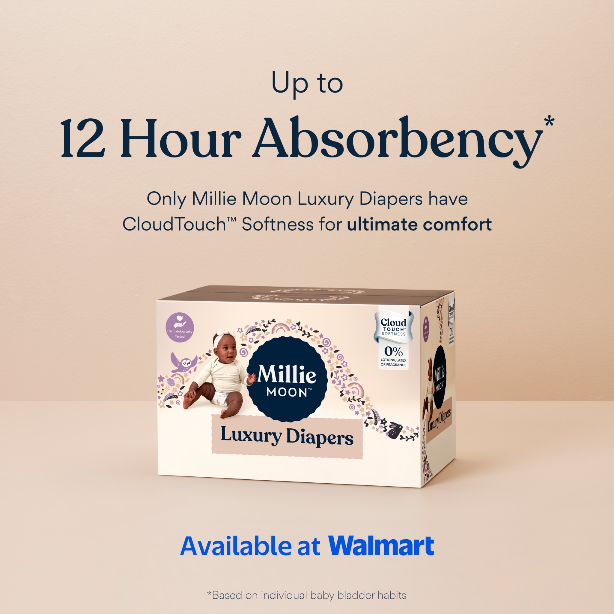 Made with a high-GSM topsheet to instantly absorb moisture, Millie Moon Luxury Diapers are designed to keep skin dry and help reduce rashes. 

✨ Up to 12 Hour Absorbency*
✨ Made with CloudTouch™ Softness for ultimate com