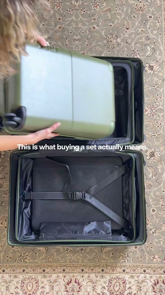 Every July size fits inside the next. Carry-on, Checked, Checked Plus. All in one when you're not travelling.
