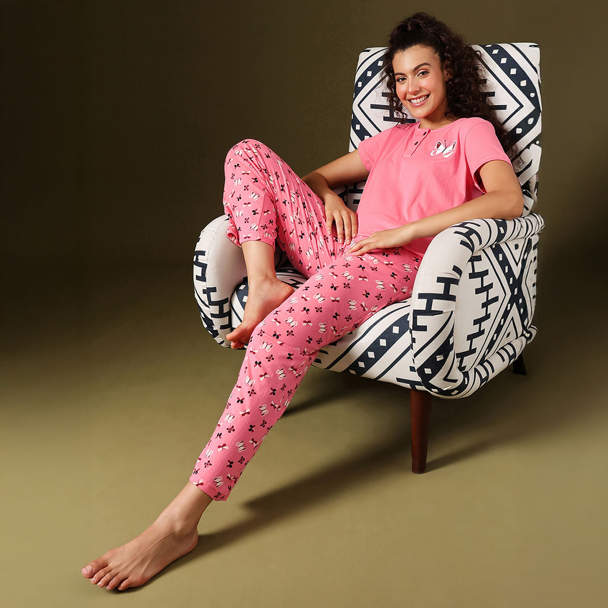 Clovia Butterfly Print Top & Pyjama in Peach Pink - 100% Cotton - LS0522P22
