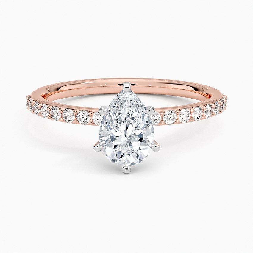 Pear Cut Petite Shared Prong Half Coverage Diamond Engagement Ring - 14K Rose Gold