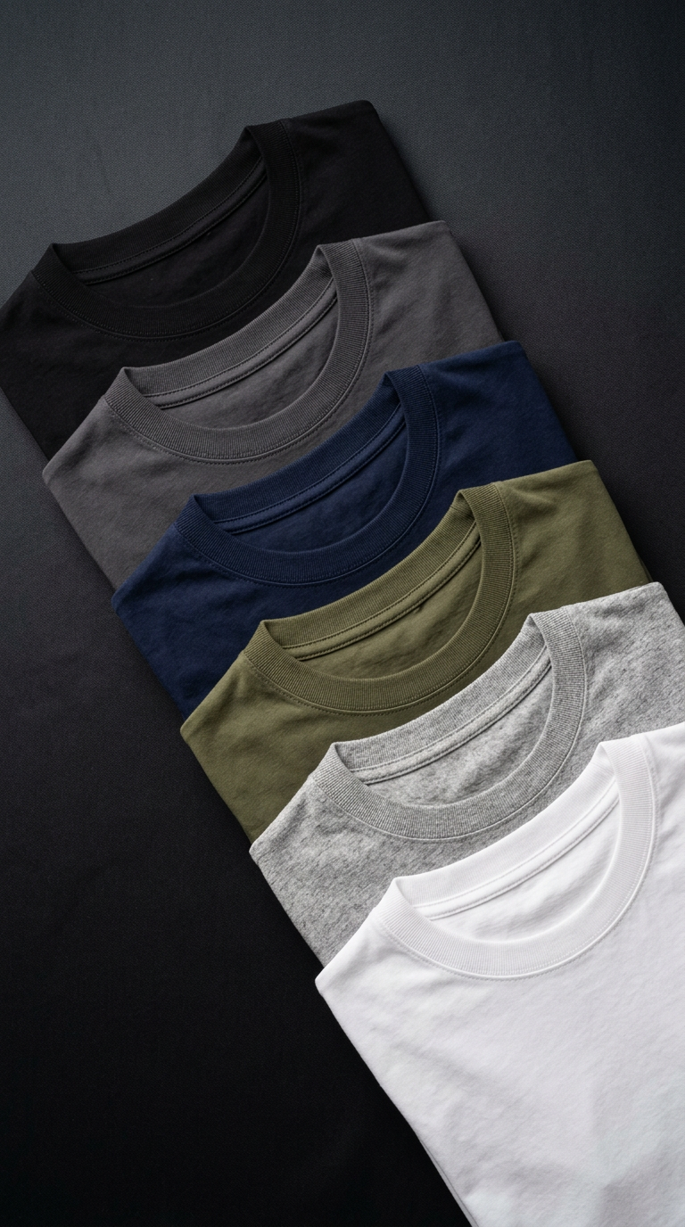 The Staple 6-Pack — Black, Carbon, Navy, Military Green, Heather Gray, White. Premium fitted crew necks with a tailored fit.