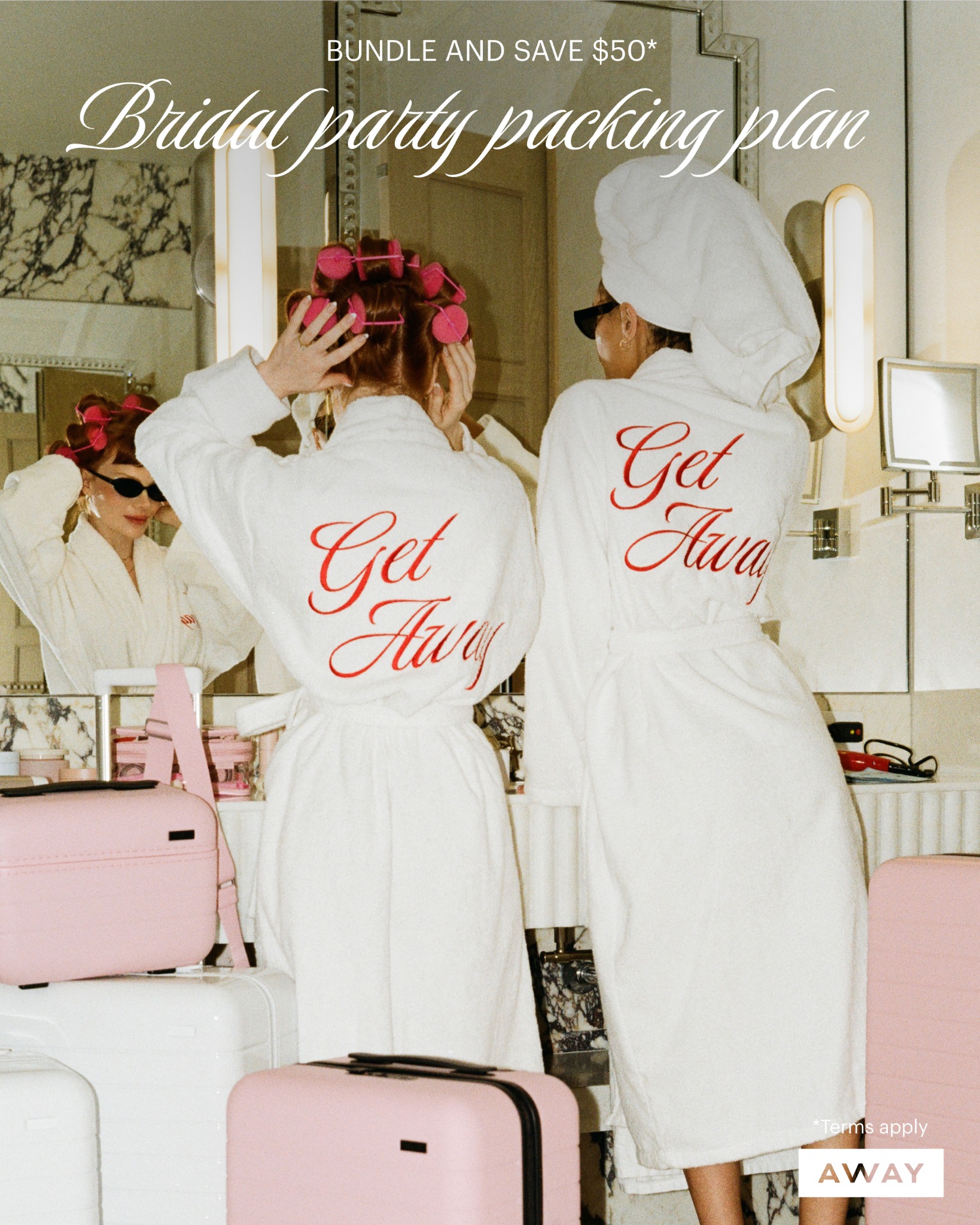 Coordinate luggage and bags for the bridal party. Save $50 when you bundle two items, or $100 when you bundle three+. Then keep everyone packed, on time, and slightly more calm.