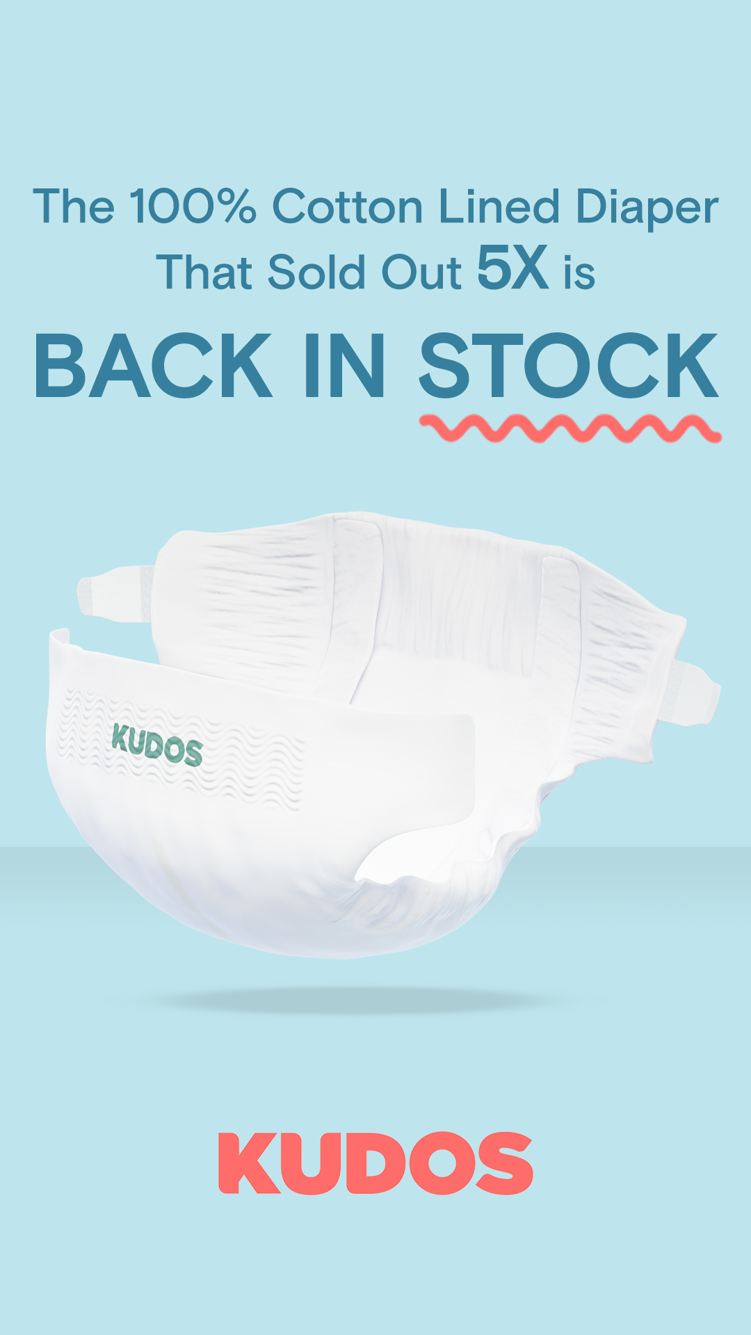 Meet Kudos👋  The 100% Cotton-lined diaper that has sold out 5X. Our diapers are:

✔️ Lined with 100% cotton to prevent rash & eczema
✔️ Fully disposable & earth-friendly
✔️ AND 2x more absorption layers to prevent leaks
