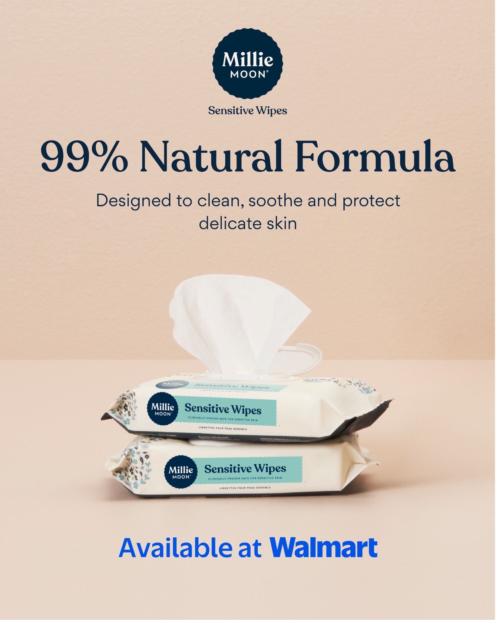 Designed to clean, soothe and protect delicate skin. Millie Moon Sensitive Baby Wipes are made with a 99% Natural Formula and extracts of nourishing aloe, avocado and marigold. 

✨ Dermatologist tested safe on sensitive 
