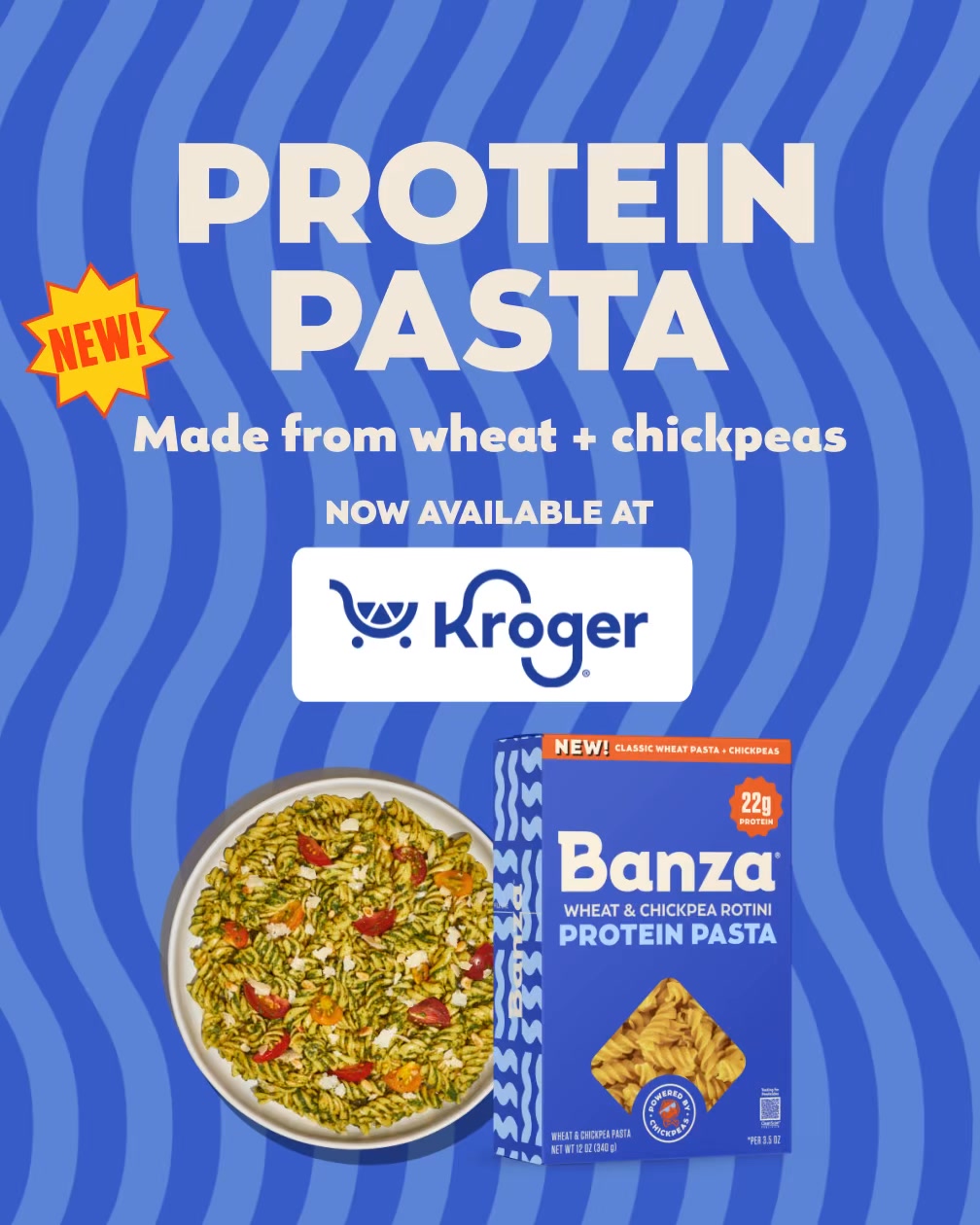 NEW protein pasta made from wheat and chickpeas. 22g of protein. Classic pasta taste. No compromises. Available at Kroger.