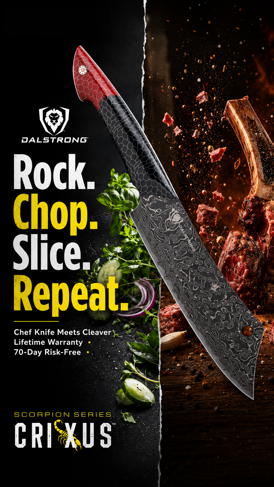 Two blades. One beast. Slice like a chef's knife. Chop like a cleaver. The Crixus is built to dominate everything from brisket to vegetables with ruthless precision and total control.

✅ 70-Day Money-Back Guarantee
✅ Lif