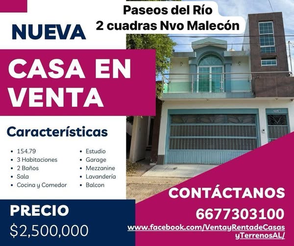 Casa en venta 🔥NUEVO PRECIO
A 2 cuadras del Malecón Nuevo 
Fracc Paseos del Río 

a 2 minutos HOSPITAL GENERAL NUEVO
a 9 minutos de FORUM
a 9 mintuos del CENTRO DE CULIACAN

NUEVO PRECIO DE VENTA 2.3 mdp 

Cuenta con 3 r