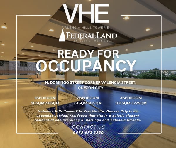 𝗩𝗔𝗟𝗘𝗡𝗖𝗜𝗔 𝗛𝗜𝗟𝗟𝗦 - 𝗧𝗼𝘄𝗲𝗿 𝗘 by Federal Land

📍 Location: N. Domingo St., Corner Valencia St. Quezon City- New Manila near Robinsons Magnolia, Broadway Centrum, St. Lukes QC, Xavier School, Gilmore and Greenhills Shopping Ce