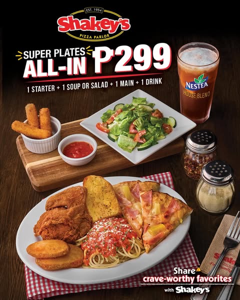 Go ALL-IN for just ₱299! 🍽️🔥
Treat yourself to the NEW Shakey’s Super Plates ALL-IN ₱299, a complete feast made to satisfy every craving in one meal!

Your ALL-IN ₱299 plate comes with:
🧀 3pcs Mozzarella Cheese Sticks
🥗 