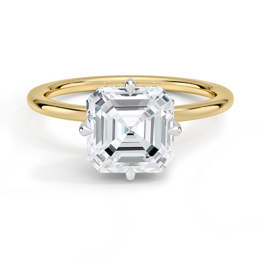 Adorned Mixed Metal Compass Prong Diamond Engagement Ring with an Asscher Cut Lab Diamond - 18K Yellow Gold and 18K White Gold