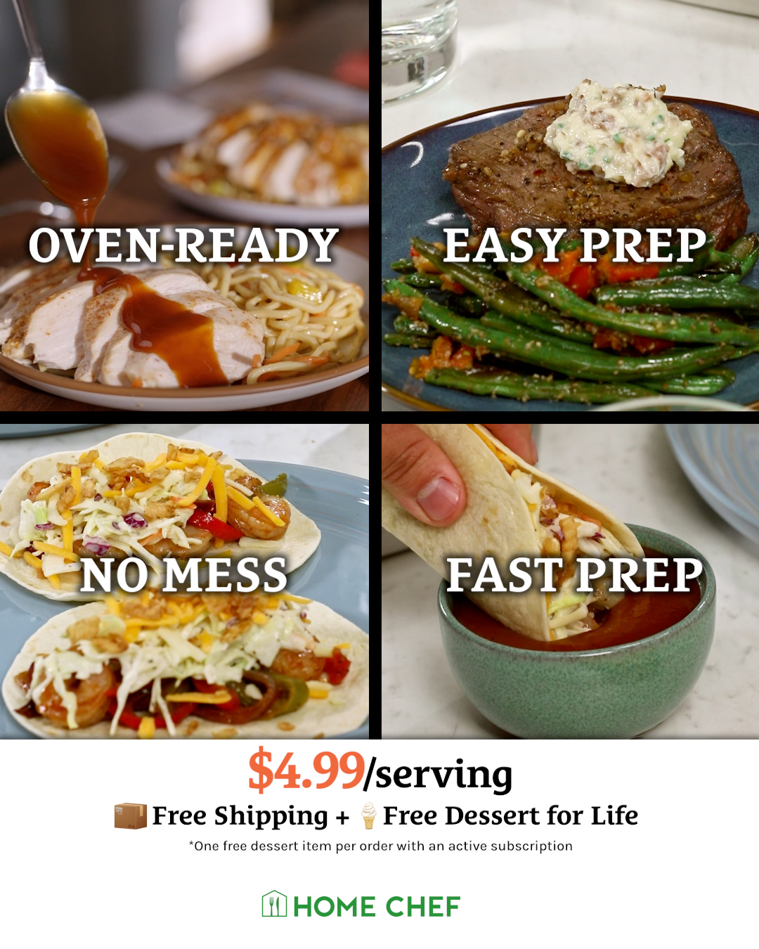 THIS is a game-changer🔥 Get Oven-Ready meals delivered with EVERYTHING included.
  
👌Easy Prep 
🎉No Mess 
👏Only $4.99/serving 
📦Free Shipping on the 1st box 
🍪Free Dessert item for LIFE