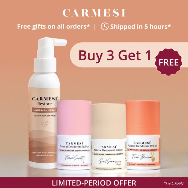 Smell divine and glow naturally with Carmesi! Try the Natural Deo Roll-On in 3 refreshing fragrances and the Restore Underarm Spray that brightens and revives your skin. Buy 3, Get 1 FREE!