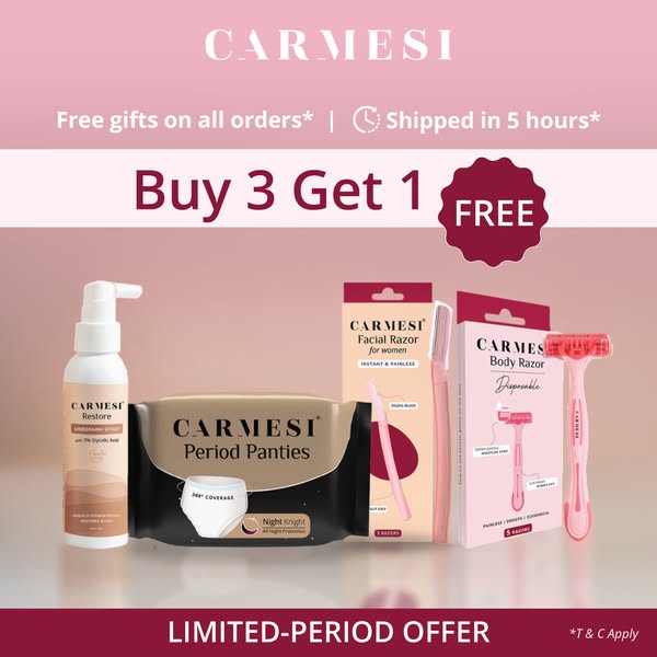 Buy 3, Get 1 FREE on Carmesi’s gentlest care essentials — from disposable period panties for heavy flow to underarm sprays, facial razors, and body razors. Comfort, confidence, and care in every product.