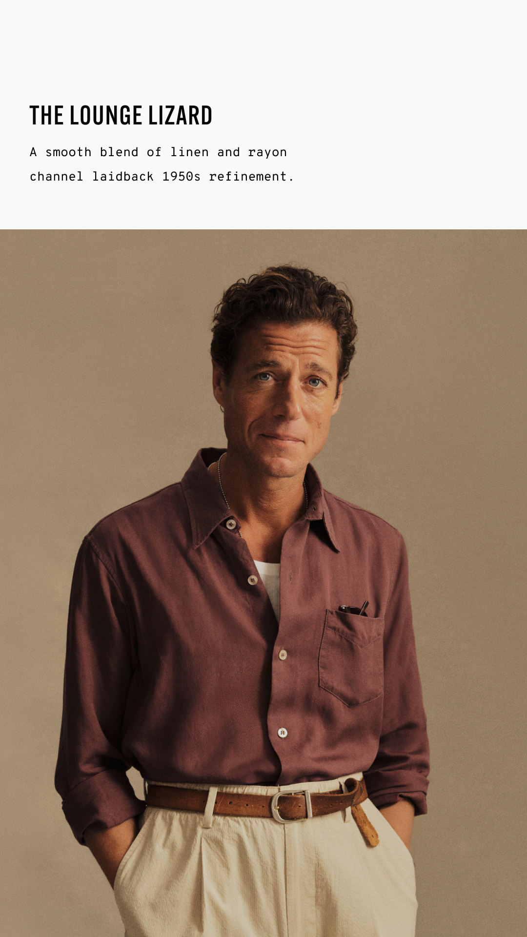 A smooth blend of linen and rayon channel laidback 1950s refinement.