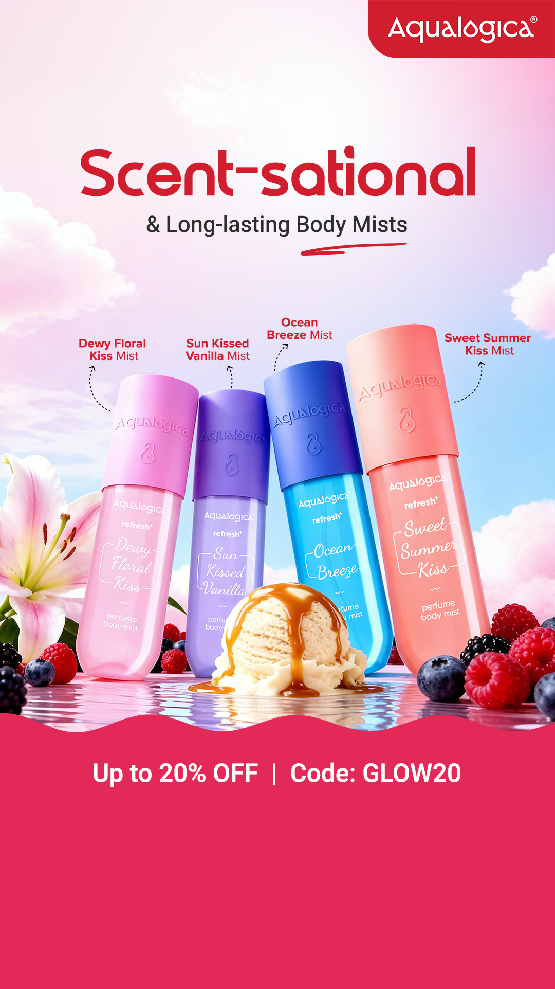 Spritz your way to all-day freshness with our long-lasting body mists. Consider this your daily smell-good ritual. Use code GLOW20. Shop now!