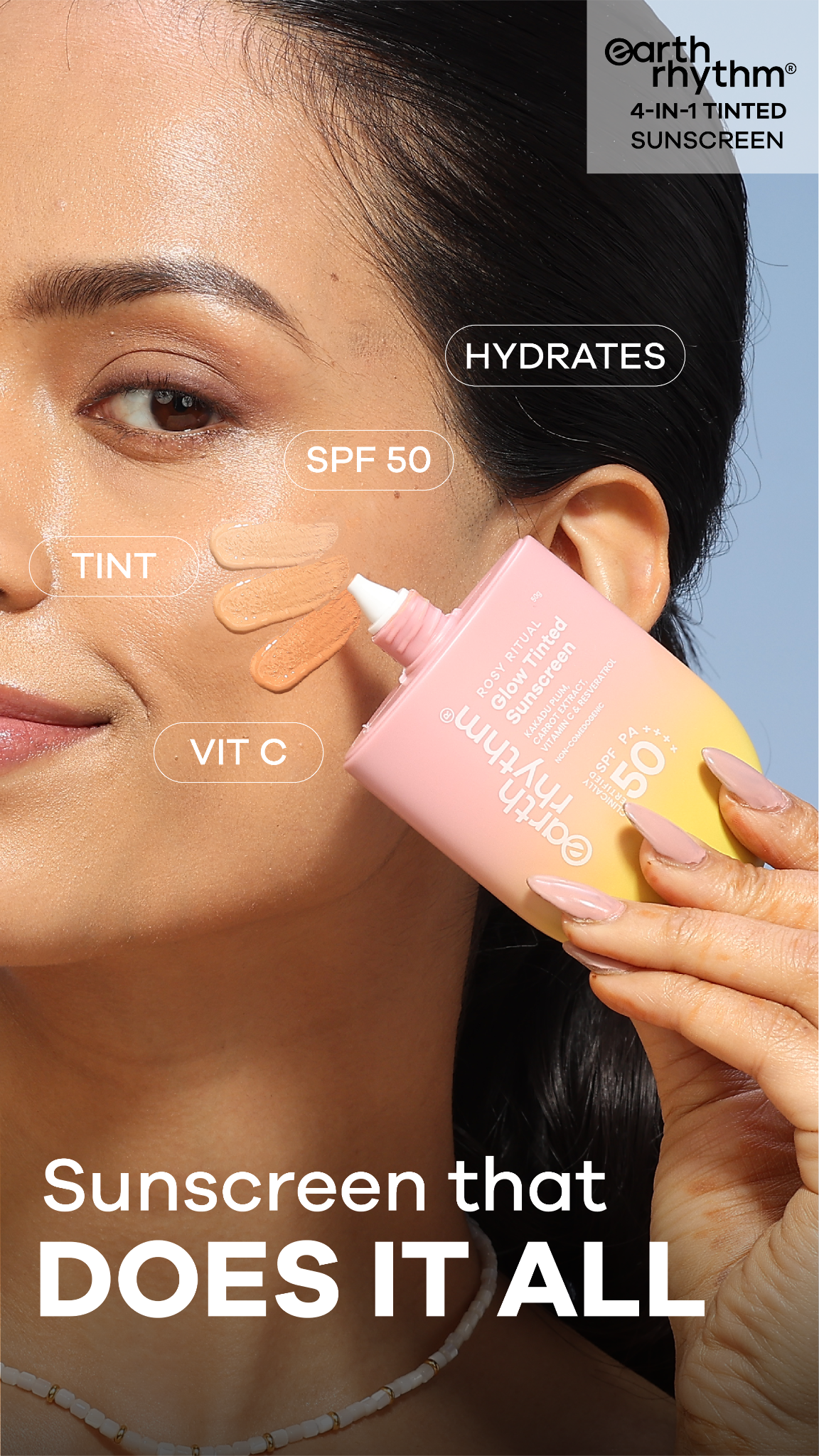 Meet your everyday skin essential. The Earth Rhythm 3-in-1 Tinted Sunscreen with Vitamin C + SPF 50 protects your skin ☀️, hydrates 💧, evens skin tone 🤎, and adds a natural tint ✨so you get skincare, sun care, and glow i