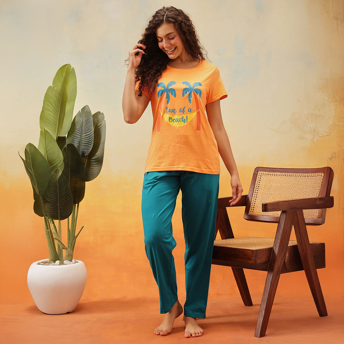 Clovia Graphic Print Top & Chic Basic Pyjama Set in Orange Colour - Cotton - LS0420P16