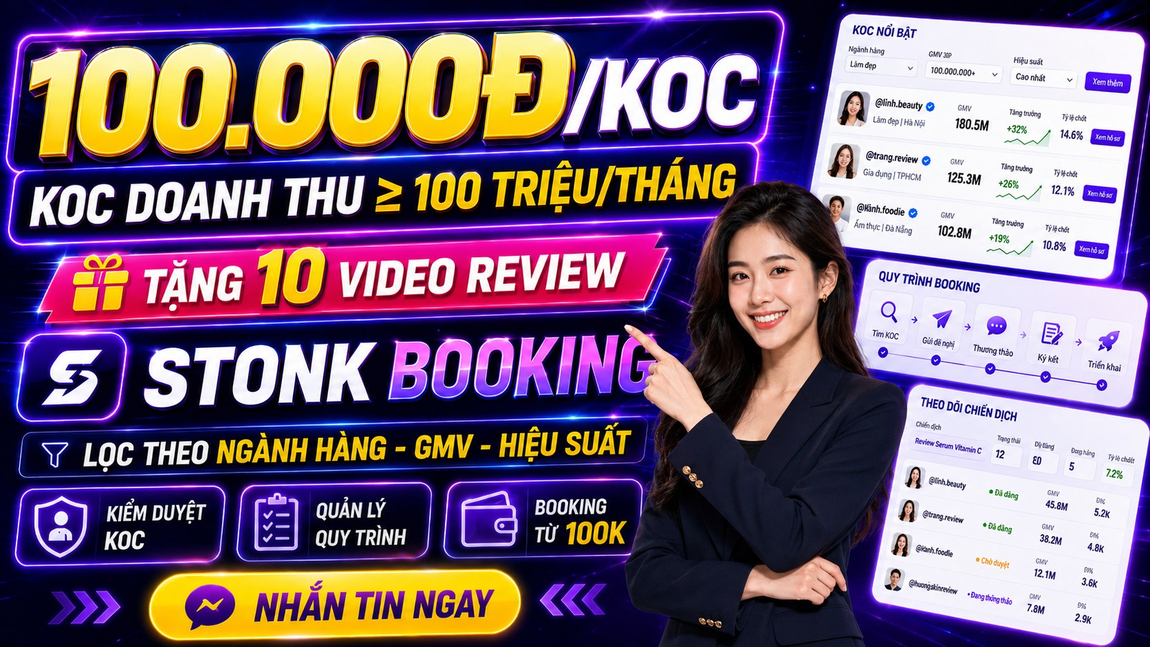 Tặng miễn phí 10 video review từ KOC cho shop đăng ký trong tháng này.

Sau đó, shop chỉ từ 100.000đ để booking một KOC có khả năng tạo doanh thu Affiliate tối thiểu 100 triệu đồng/tháng.

Nhiều shop đang mất hàng tuần đ