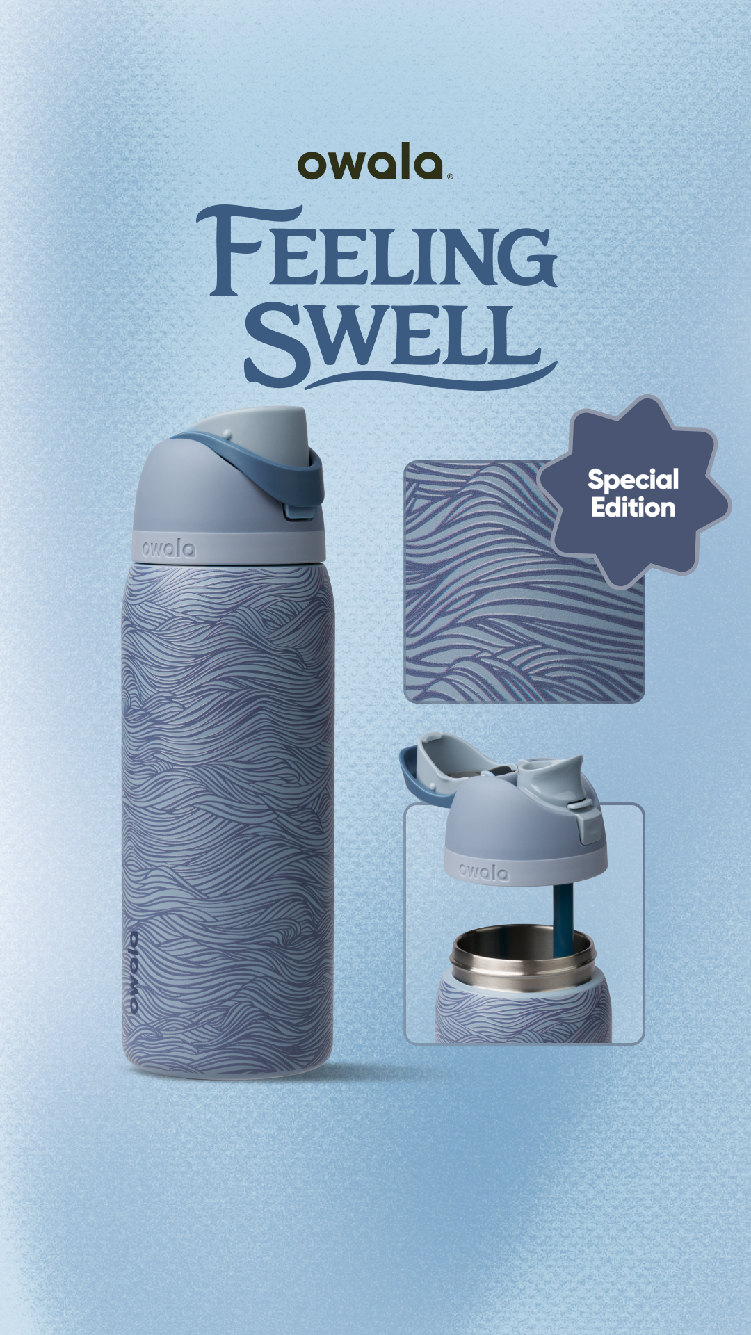 A wave of good hydration just crashed on the shore—that’s yours for the taking. If you’re looking for a relaxing summer complete with cold water, a wave-textured bottle, and good vibes, Feeling Swell is your kind of bott