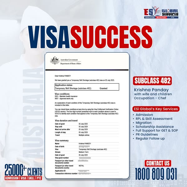 🌟 15+ 482 Visa Success Stories and Counting! 🇦🇺✨
At ESi Global Services, we don’t just process visas – we build futures. 💼🌏

We are proud to announce that more than 15 skilled professionals have successfully received the