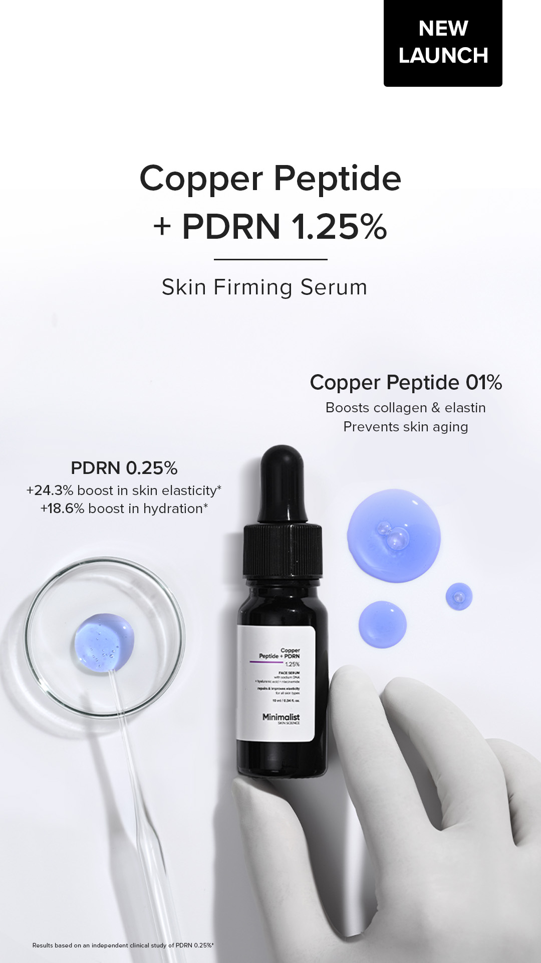 New Launch :

Copper Peptide + PDRN 1.25% Skin Firming Serum

+24.3% boost in skin elasticity*
+18.6% boost in hydration*

Powered by Sodium DNA (PDRN) 0.25% and Copper Peptide 1%, this serum restores elasticity, boosts 