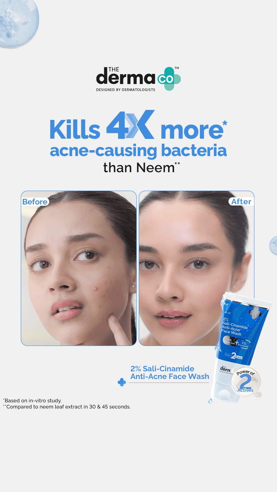 Power through acne with every wash! Powered by salicylic acid & niacinamide, The Derma Co. Sali-Cinamide Anti-Acne Face Wash kills 4X more acne-causing bacteria than neem, clearing active breakouts and fading marks. Clea