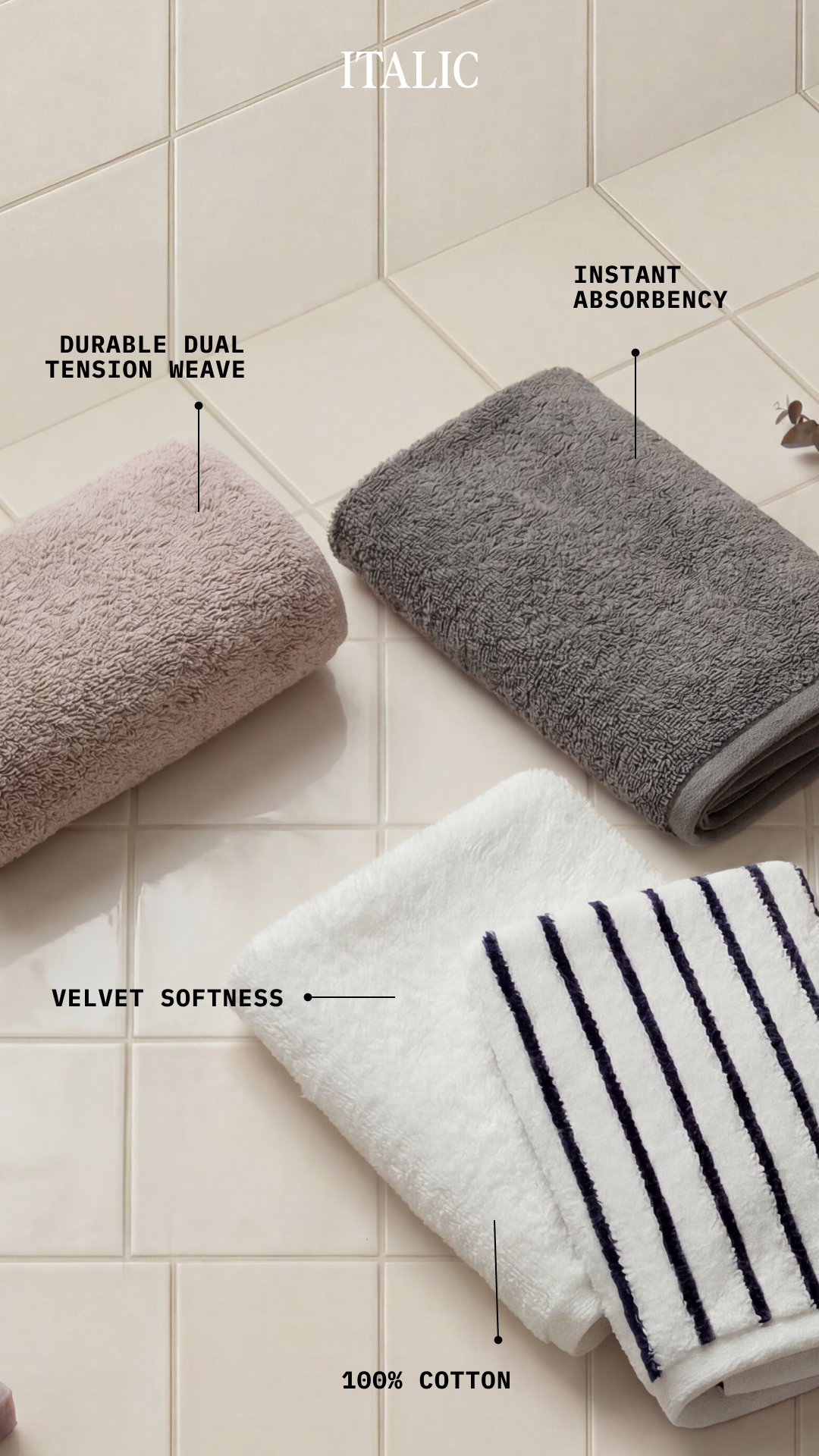 We focused on the three pillars of a perfect towel:

The Material: 100% Premium Australian Cotton.

The Weave: Dual-tension for lasting durability.

The Feel: Velvet-soft loops for a spa-like finish.
Your bathroom deserv