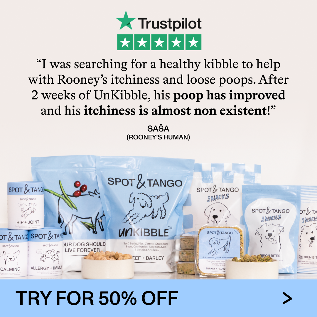 Use code SPOT50 for 50% off your 1st order of UnKibble:

💙 made with 100% whole, fresh ingredients
💙 custom scoop for perfect portions
💙 tasty recipes approved by picky eaters