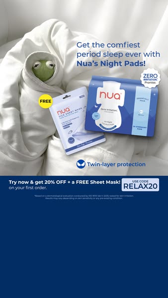 Say hello to better period sleep! With Nua’s Night Pads, stay wrapped in comfort all night long with the promise of Zero Irritation. Try them today & get 20% OFF your first purchase + a FREE hydrating sheet mask!
Here’s 