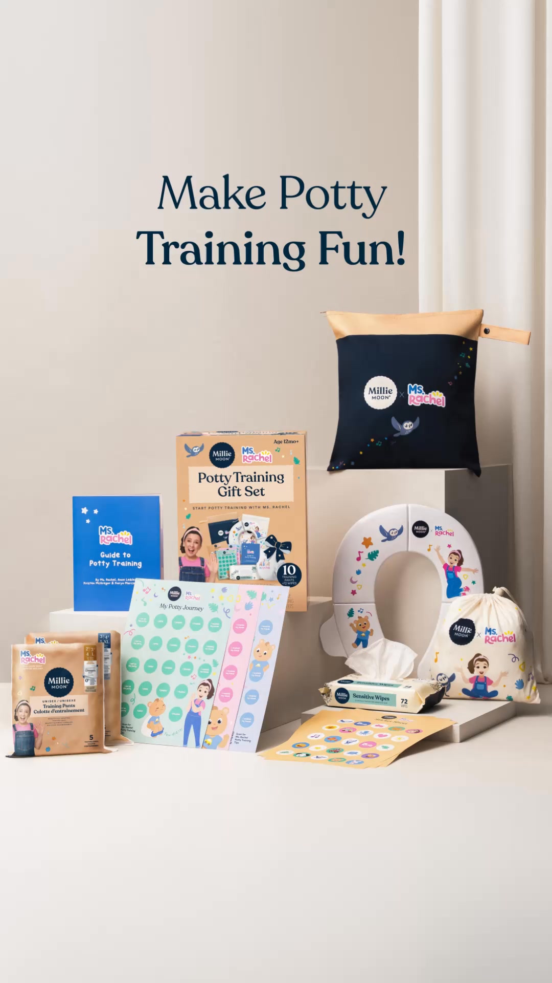 Millie Moon Ms. Rachel Potty Training Gift Set is designed to support little ones through their potty training journey with thoughtfully chosen essentials that help build confidence, routine, and excitement around using 