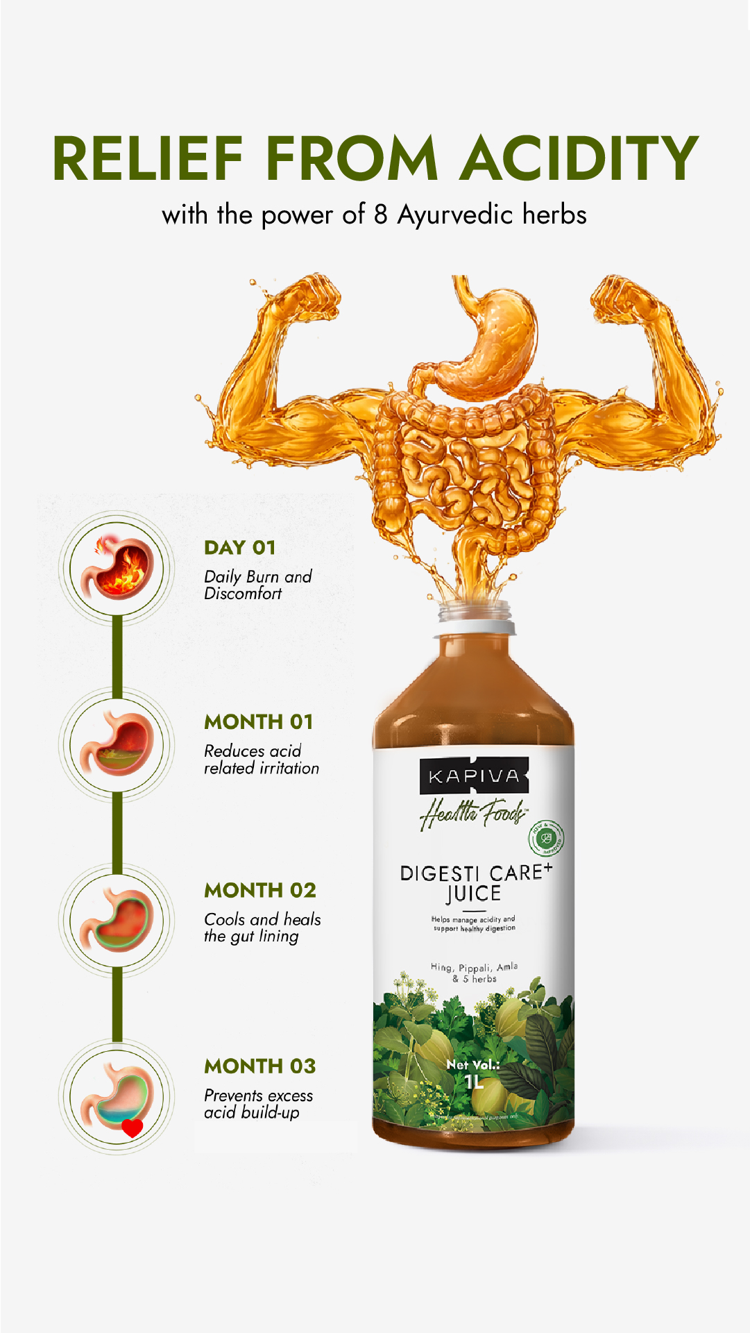 Lasting relief from acidity requires reliable, natural care — not just popping antacids. 🛑💊

Kapiva Digesti Care+ Juice uses a powerful blend of 8 Ayurvedic herbs — Amla 🍈 · Ajwain 🌾 · Hing 🥔 · Jeera 🍃  · Pippali 🥜 & 3 m