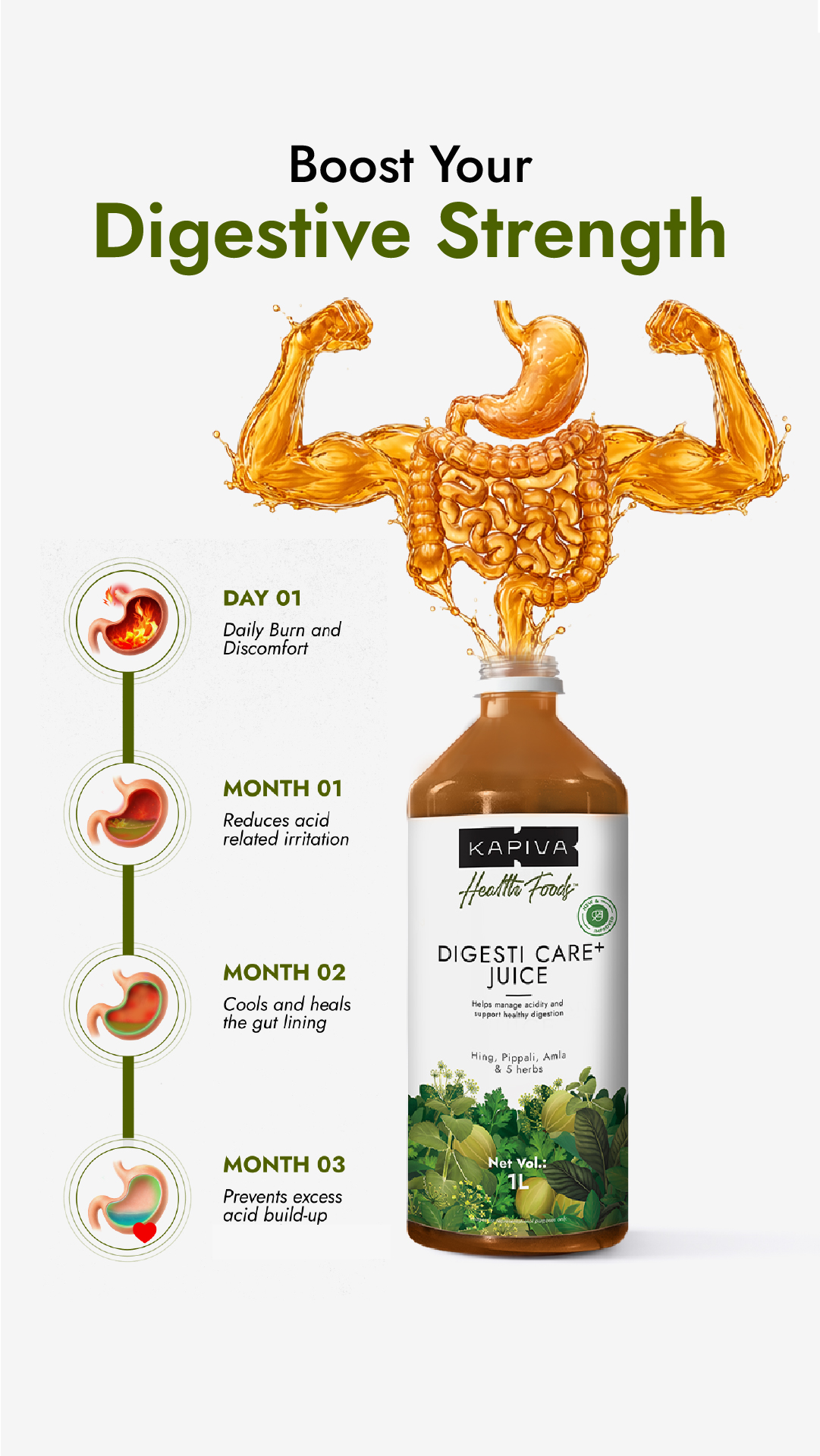 Stronger Digestion is a Daily Choice. ⚡💚

Kapiva Digesti Care+ Juice brings together 8 powerful Ayurvedic herbs — Amla 🍈 · Ajwain 🌾 · Hing 🥔 · Jeera 🍃  · Pippali 🥜 & 3 more powerful herbs 🌿 — each chosen to help ease gas