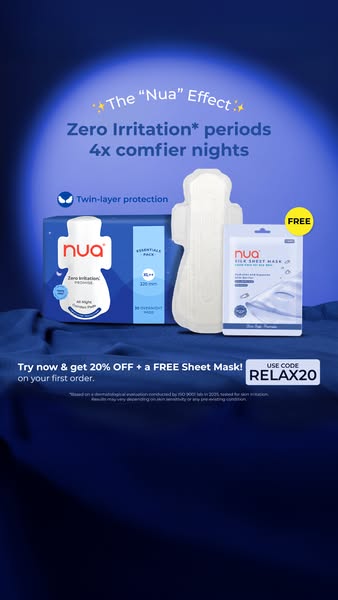 Looking for worry-free period sleep? Experience the “Nua” effect with our All Night Comfort Pads. Designed to be super soft – they promise Zero Irritation and 4x comfier period nights. Try them today & get 20% OFF your f