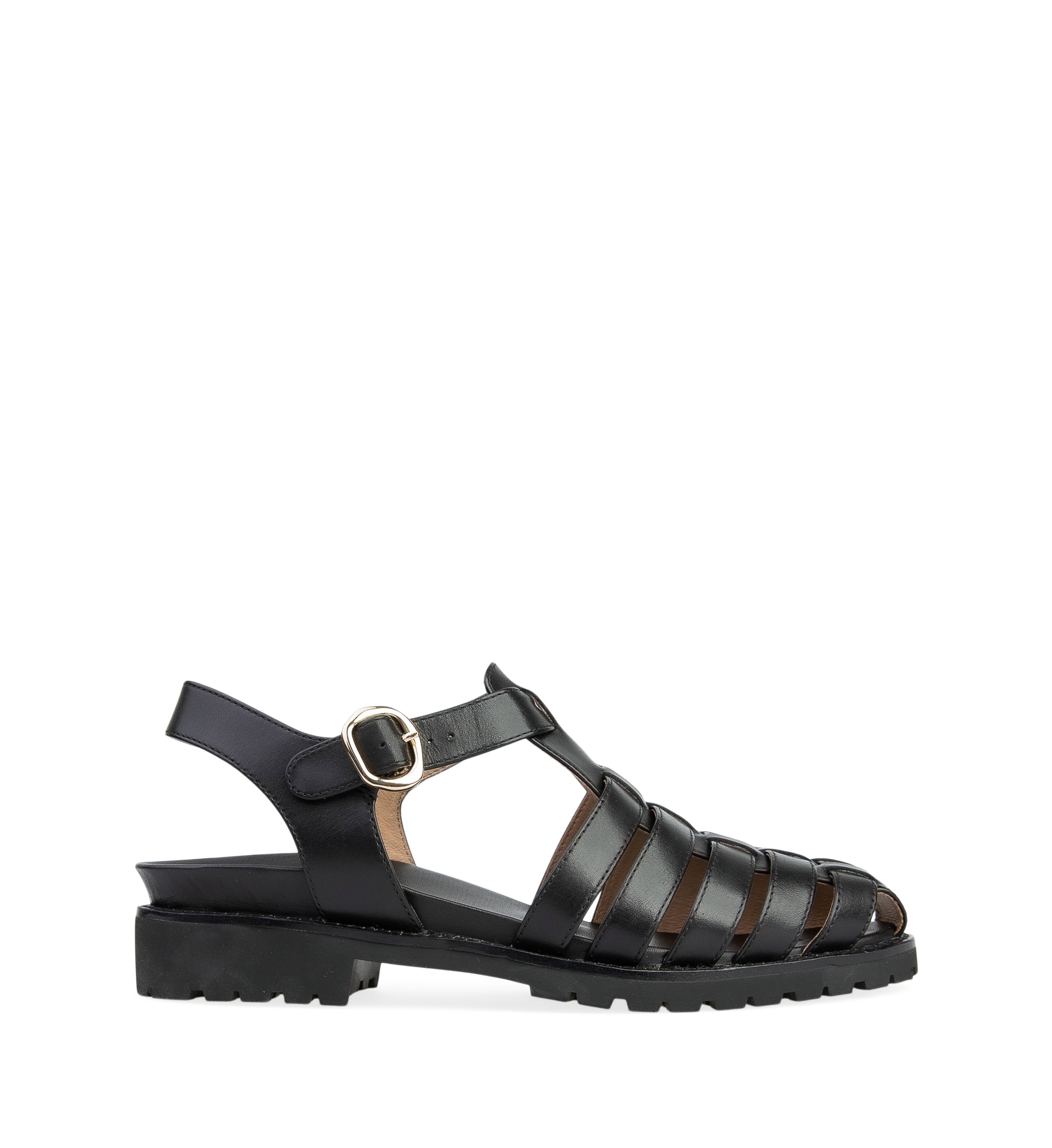 Bittern Black Leather Flat Sandals