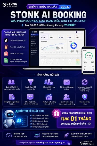 🚀 STONK AI BOOKING CHÍNH THỨC RA MẮT — V5.6.29

Sau giai đoạn Beta và liên tục hoàn thiện từ phiên bản v5.6.0 đến v5.6.29, STONK AI BOOKING chính thức bước vào giai đoạn phát hành thương mại.

STONK AI BOOKING được phát 