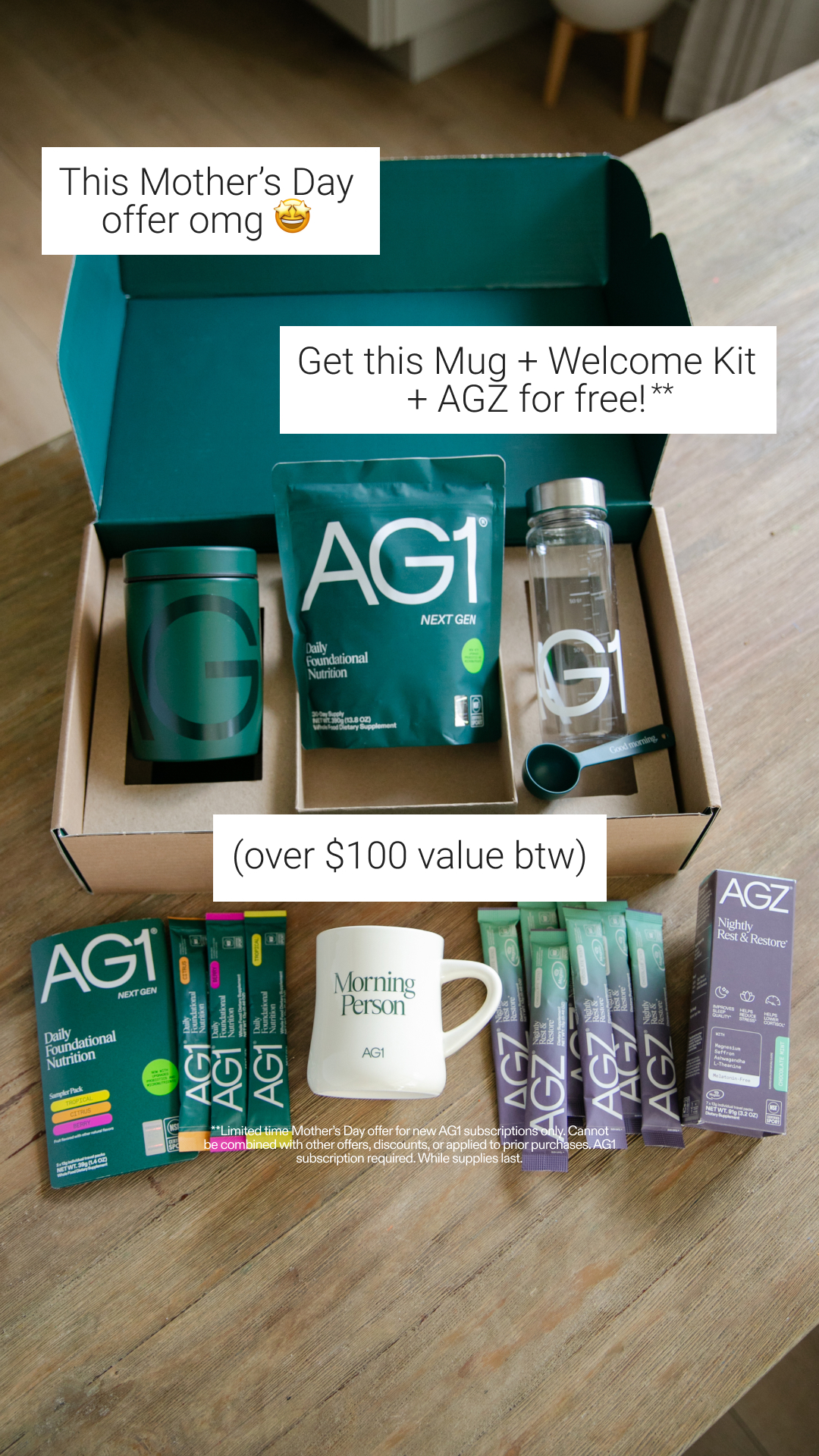 🚨LIMITED-TIME: AG1’S MOTHER’S DAY GIFT SET 🚨

Our limited time Mother’s Day Gift Set was designed to help support mom’s energy during the day and help her get better rest at night. With a free AG1 Welcome Kit, AGZ travel