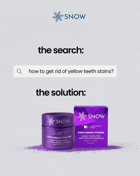 If you've ever Googled ""how to get rid of yellow teeth"", this is your answer. 💜 

SNOW® Purple Magic Powder uses color-correcting pigments to neutralize yellow tones on contact. Peroxide-free, enamel-supportive, and wo