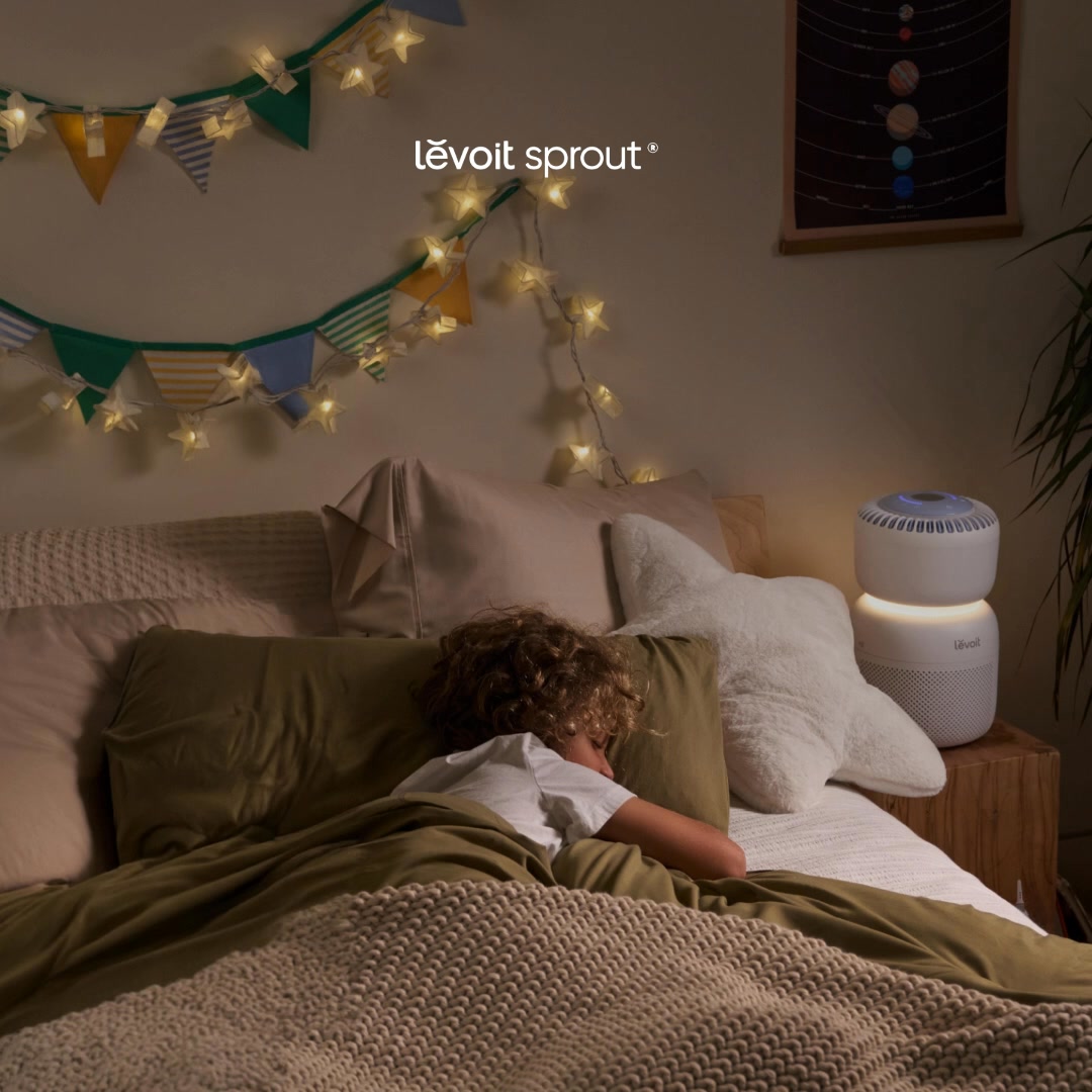 Bring peace of mind to bedtime with Levoit Sprout® Air Purifier. Build calming moments with a HEPA filter, ambient sound, and a soft night light.
