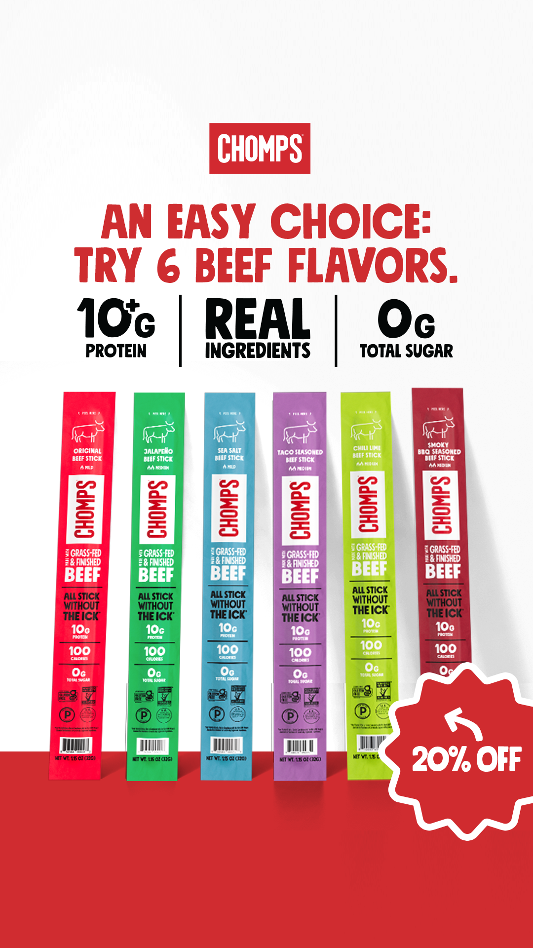 Grab and try 6 Chomps Beef flavors and find your new favorite meat snack! Plus, get 20% off your first order.
