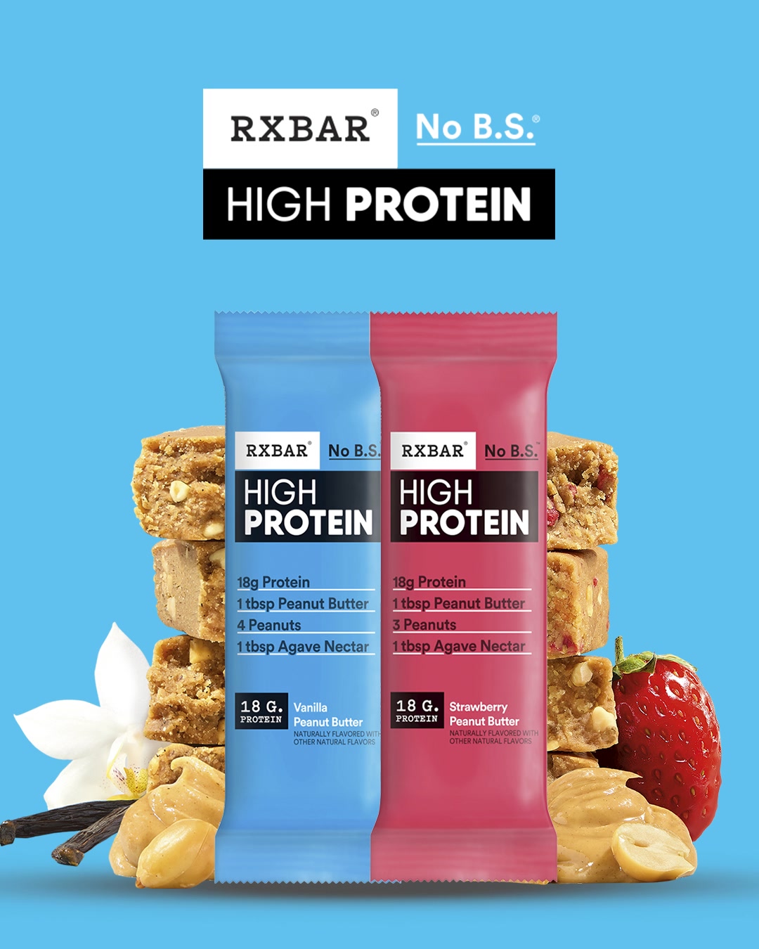 RXBAR High Protein bars pack a powerful punch with 6 simple ingredients. Available in Vanilla Peanut Butter and Strawberry Peanut Butter flavors.